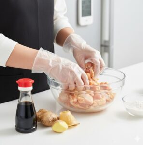 食中毒リスクを避けるため、使い捨て手袋を着用して肉を素早く下味処理している様子。食品衛生管理の重要性。